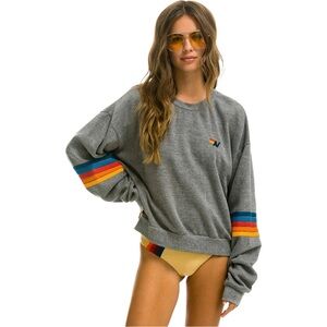 AVIATOR NATION | Relaxed Rainbow Stitch Crew Sweatshirt Heathered Grey Stripe XS